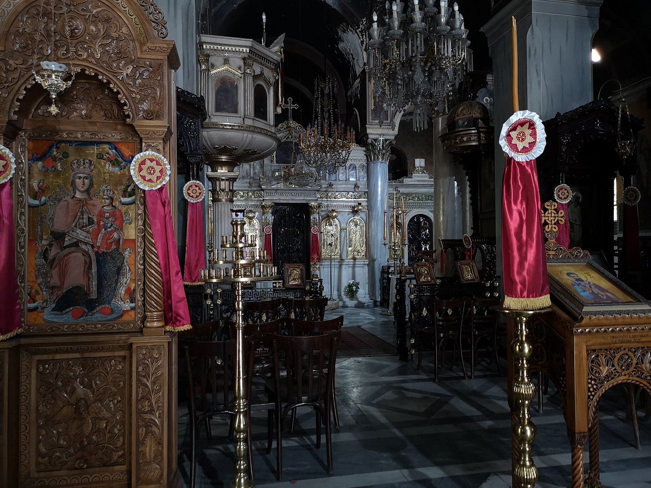 Pink, silver and gold church interior with the Virgin Mary and Christ