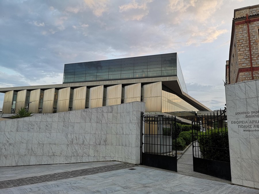 Blue and grey hues of the concrete and glass Acropolis Museum in Athens, Greece