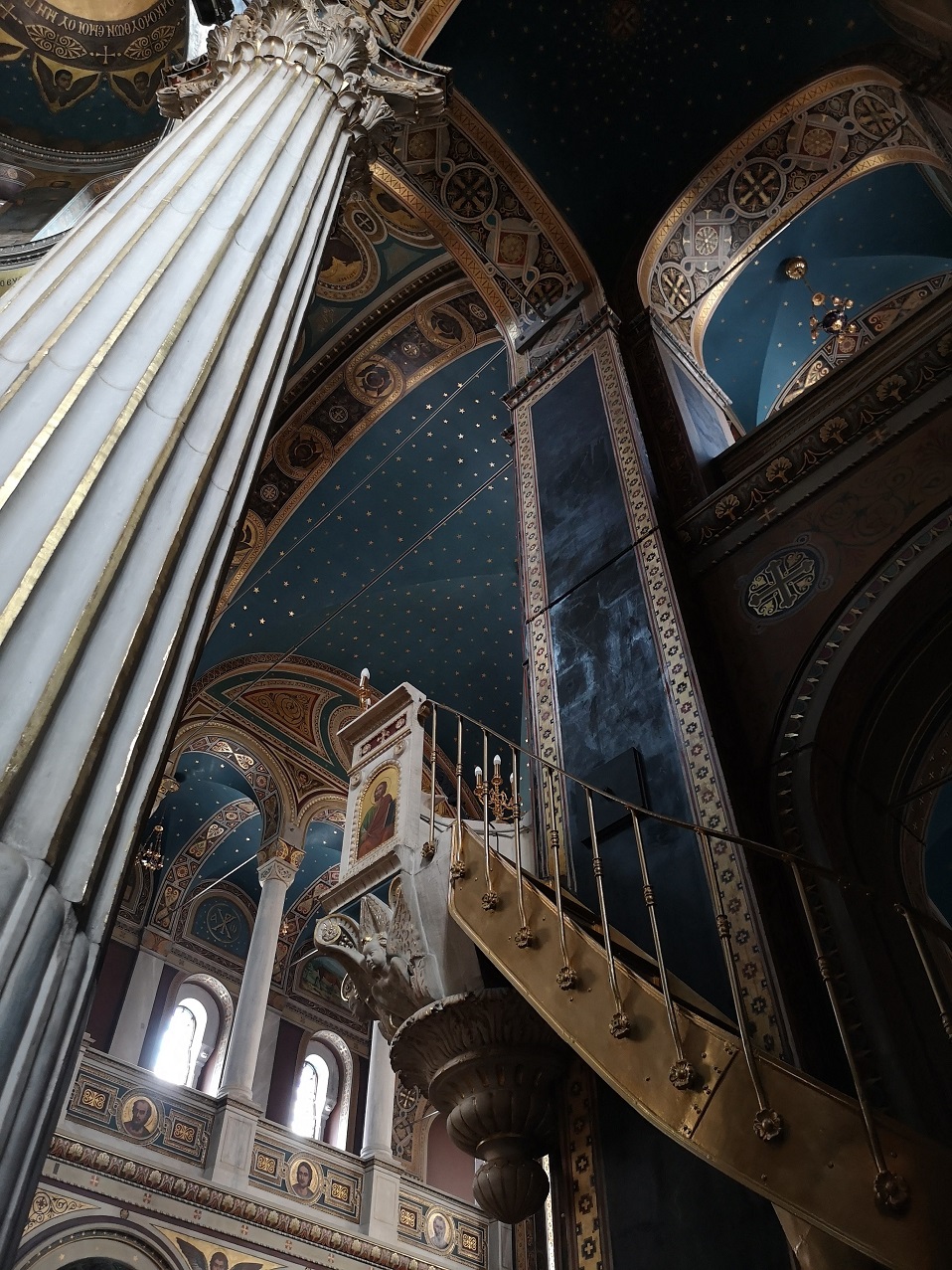 Towering column and domed roof painted blue with silver stars of Greek Orthodox Church, Athens
