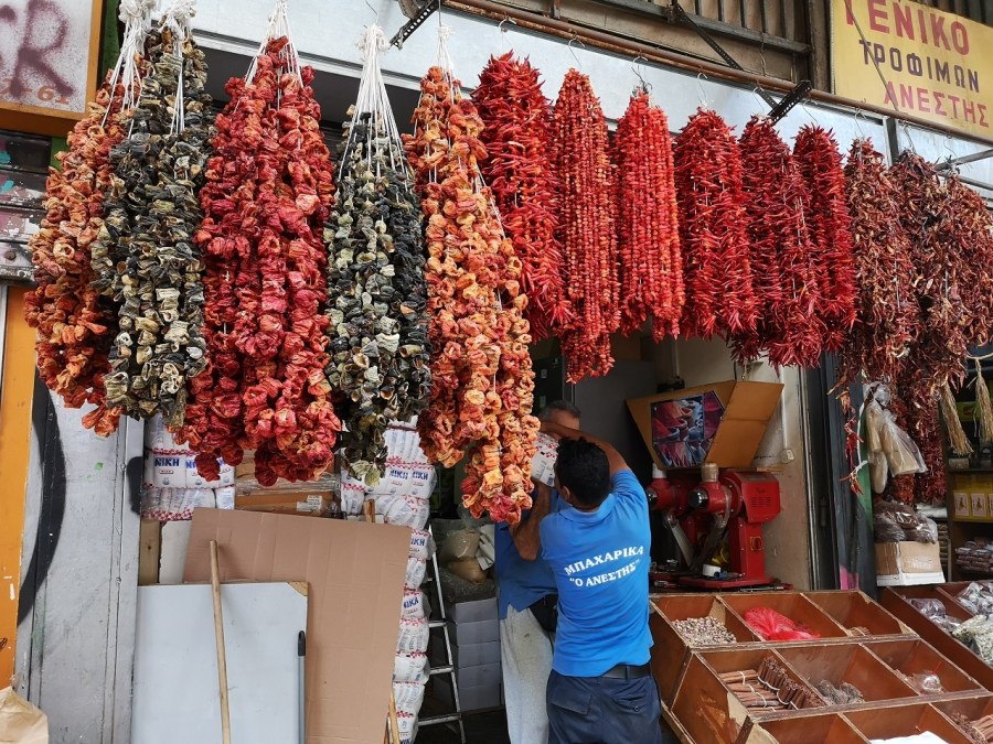 Red and orange strings of dried chillis