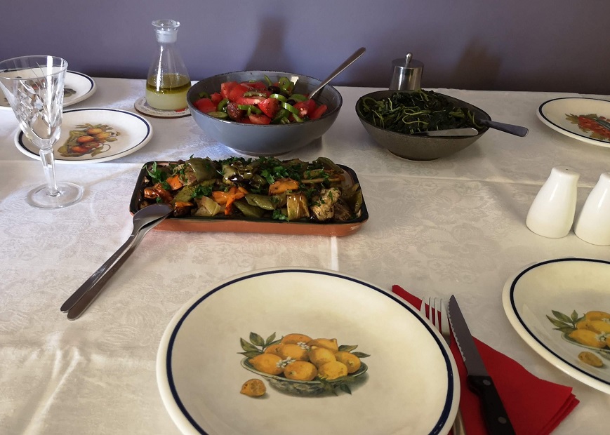 Table set with Greek vegetables for lunch