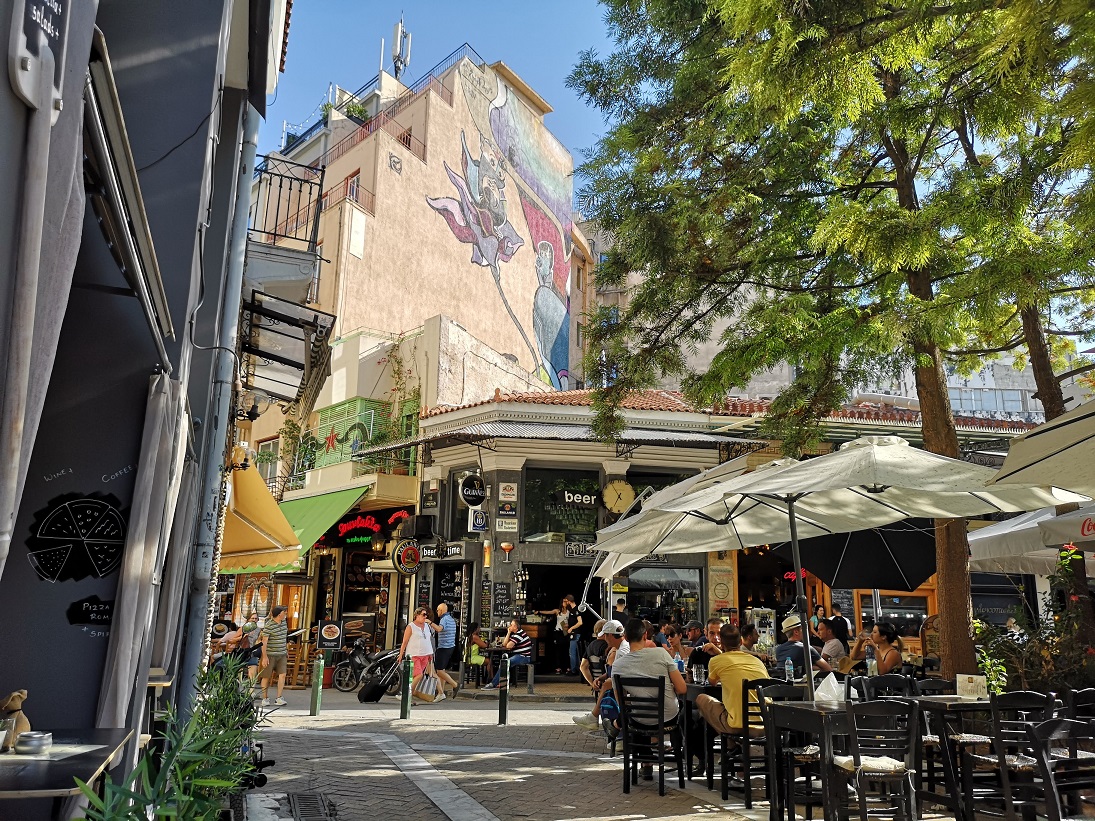 Cafe scene with graffiti