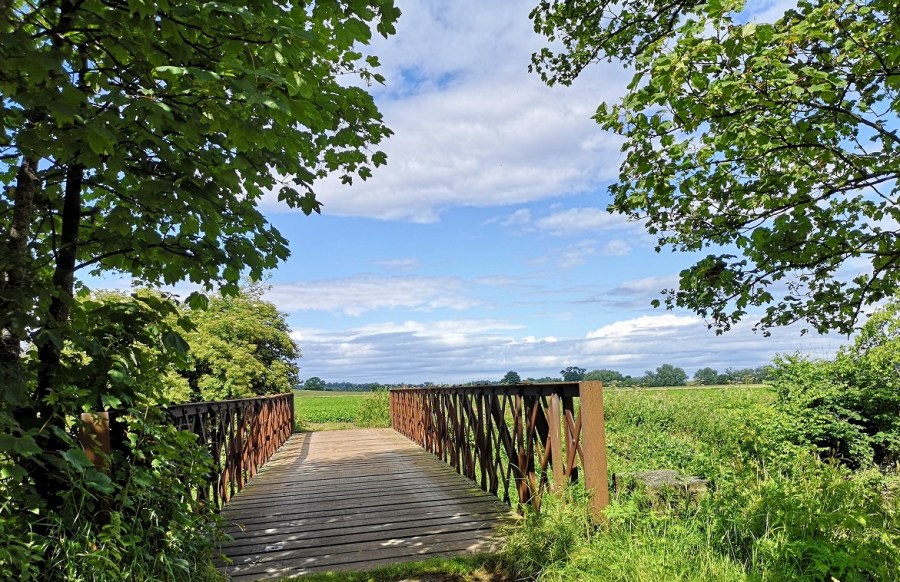 Wooden bridge with red metal railings
