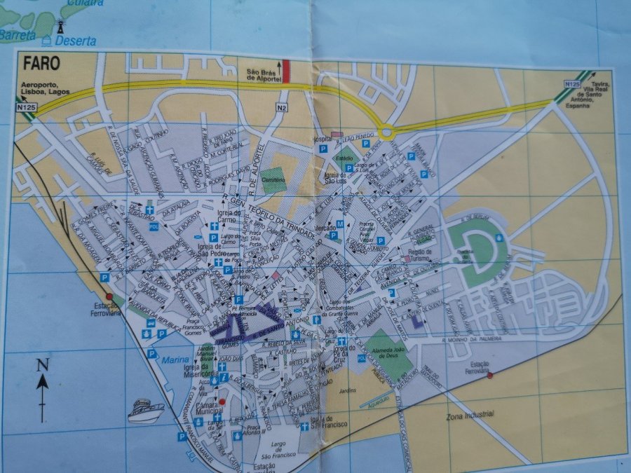 Paper map of Faro, Portugal